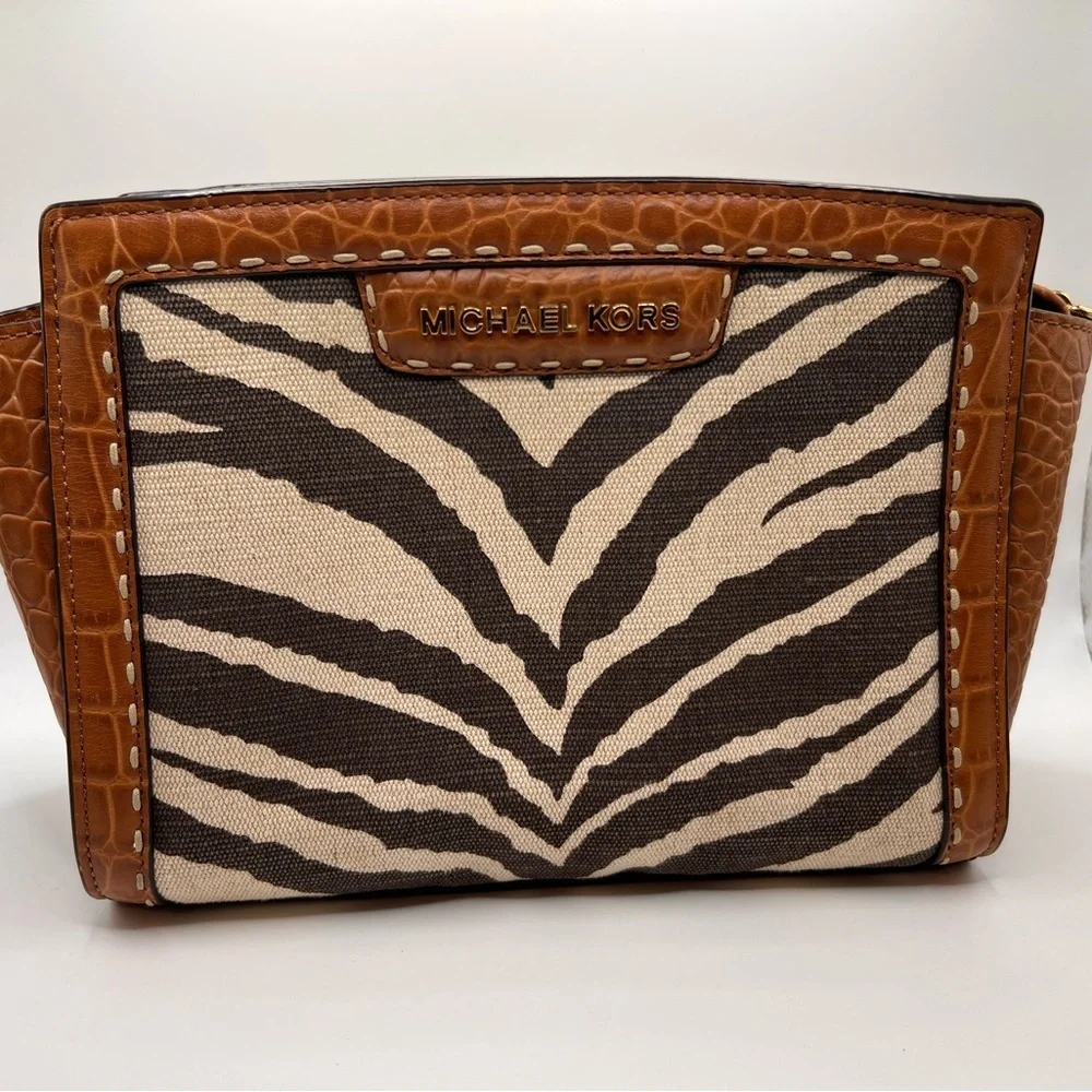 Michael Kors Zebra Print Crossbody in Brown and Cream 9” x 7”